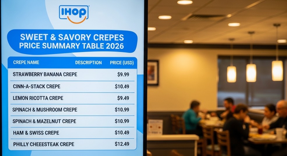 IHOP Sweet & Savory Crepes Price Summary Table 2026